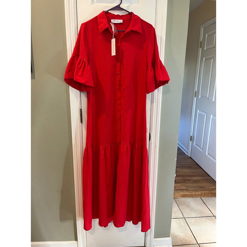 Petal & Pup Red Shirt Dress Ruffle Sleeve Button Front DA5421 Size S
